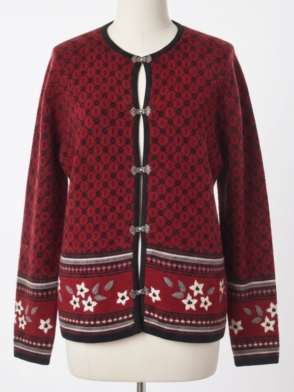 Woolrich Vintage 90s Ruby Red 100% Wool Cardigan Nordic Folk Made in Japan L